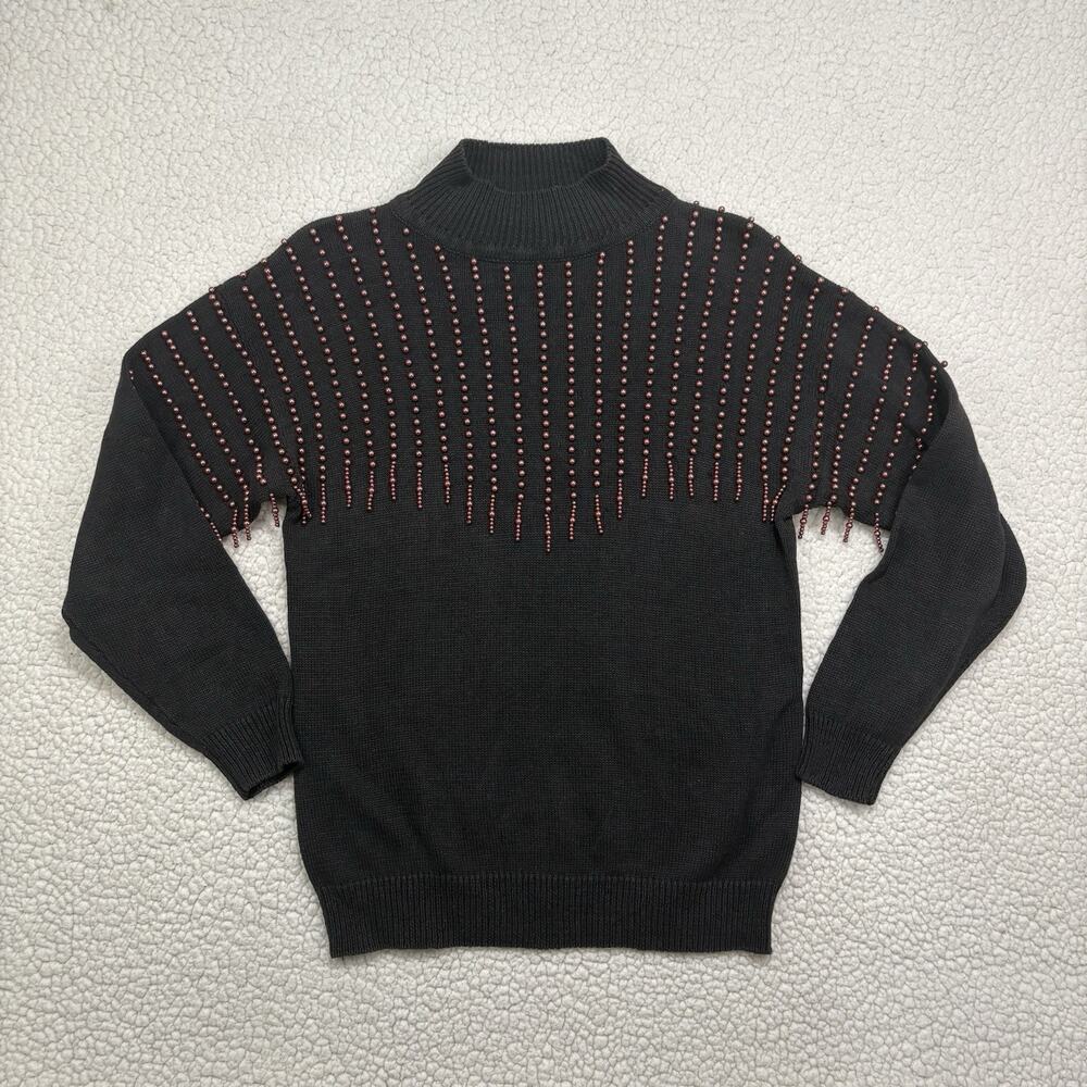 Vintage Celina Yang Mock Neck Black Sweater Womens S Pink Beaded Fringe Eclectic